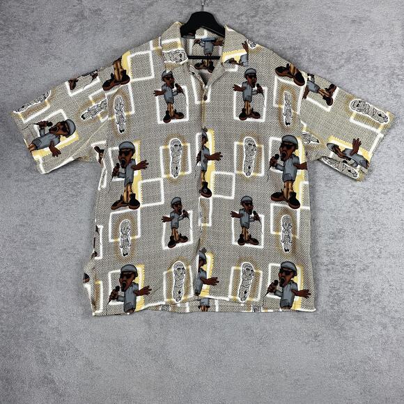 Seals Shirt Mens XL Brown Tan Rapper Hip Hop Print Button Front Camp Hawaiian - Picture 1 of 13